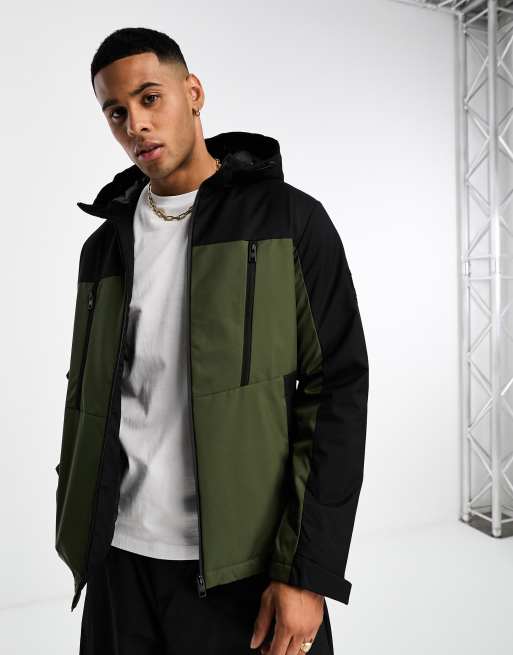 Jack & Jones Core color block technical parka in khaki & black | ASOS