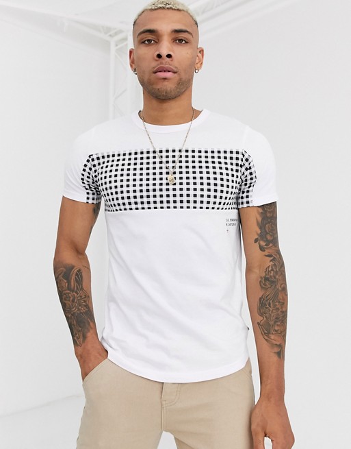 Jack & Jones Core curved hem gingham placement t-shirt in white