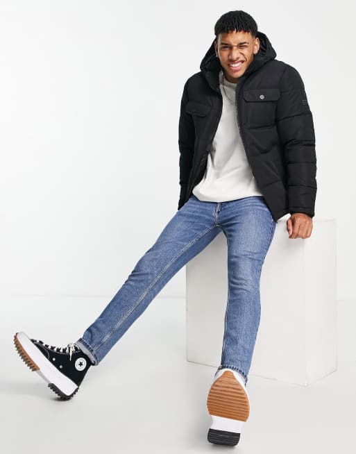 Jack & Jones – Core – Czarna ocieplana kurtka z kapturem i kieszeniami na piersi