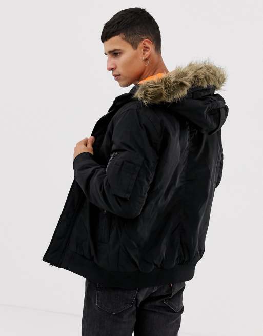 Black faux fur discount hooded bomber jacket