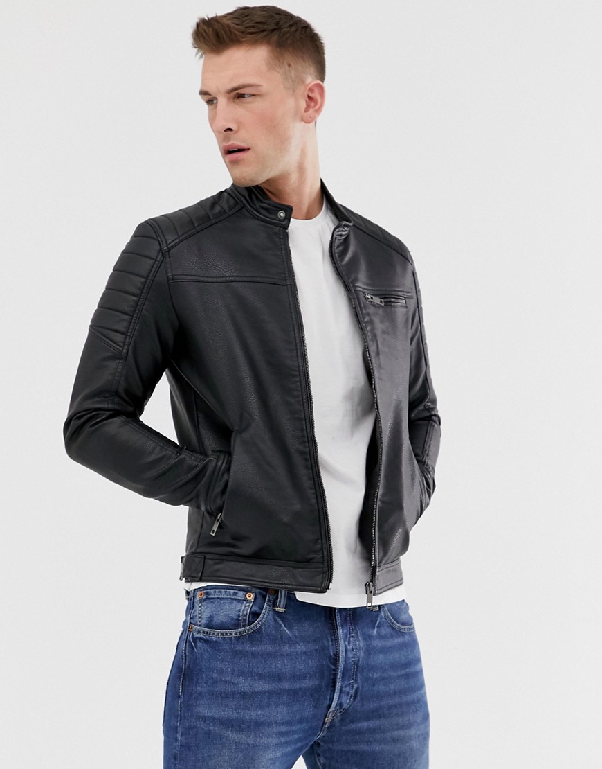 Jack & Jones Core faux leather racer jacket in black