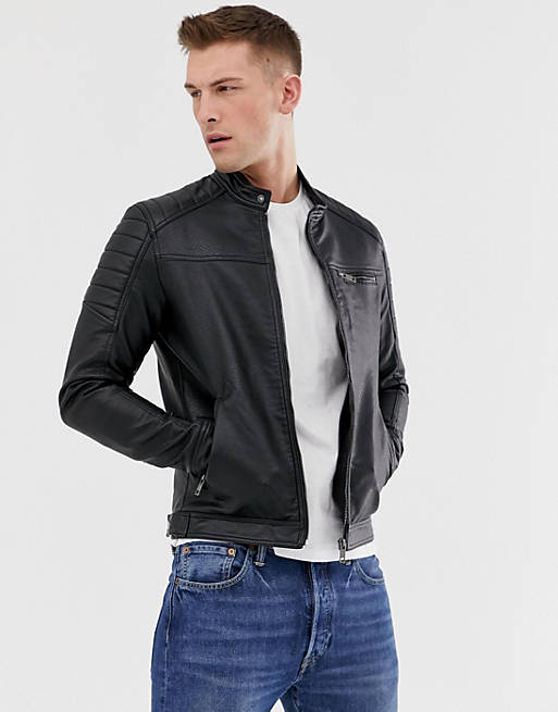 Jack & Jones Core faux leather racer jacket in black | ASOS