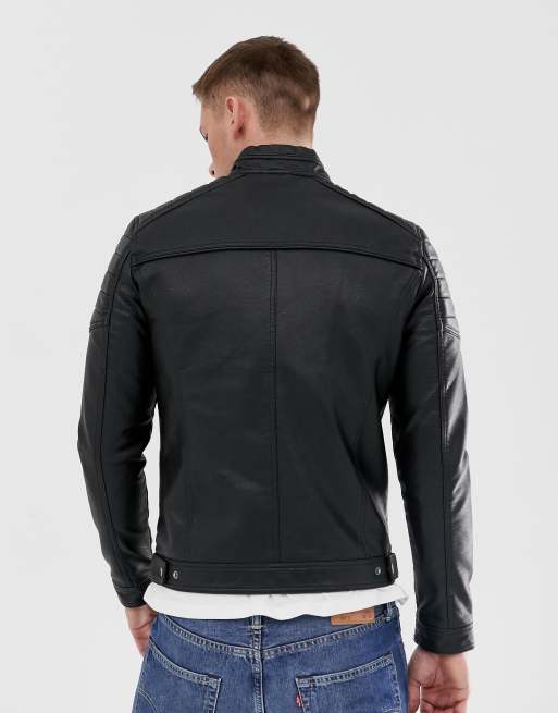 Jack Jones Core faux leather racer jacket in black