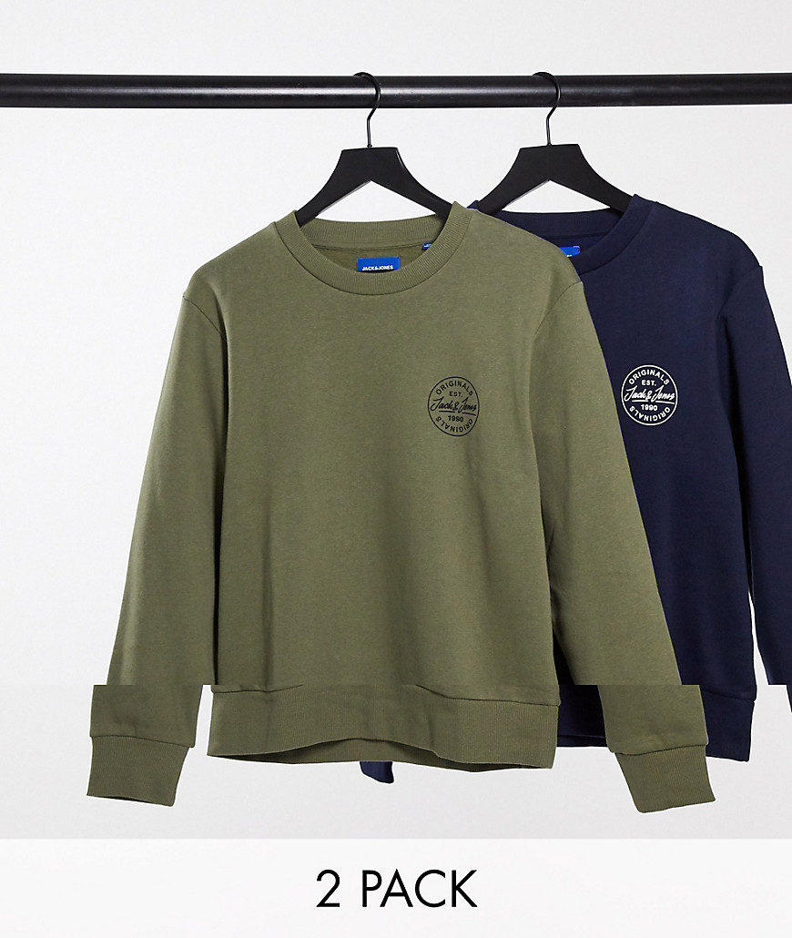 Jack & Jones – Core – Grön och marinblå sweatshirt i 2-pack med stämplad logga
