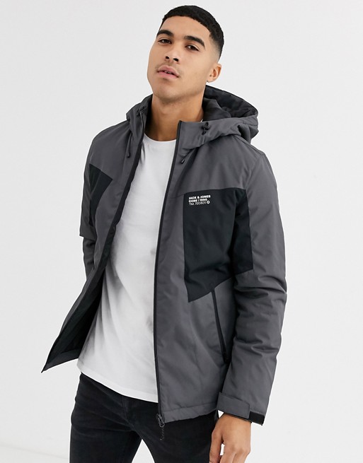 Jack & Jones Core hooded padded jacket with contrast chest panels in grey