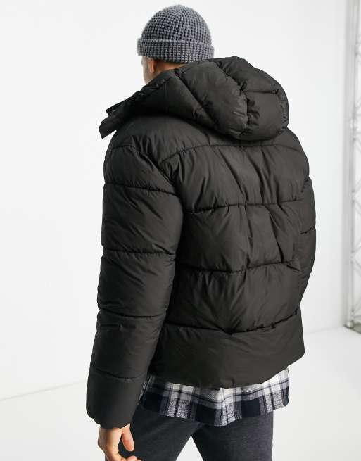 Jack & Jones Core hooded puffer jacket in black