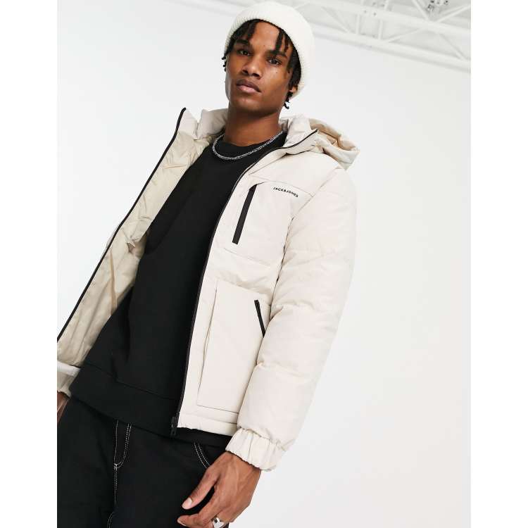 praktijk heks Ingang Jack & Jones Core hooded puffer jacket in ecru | ASOS