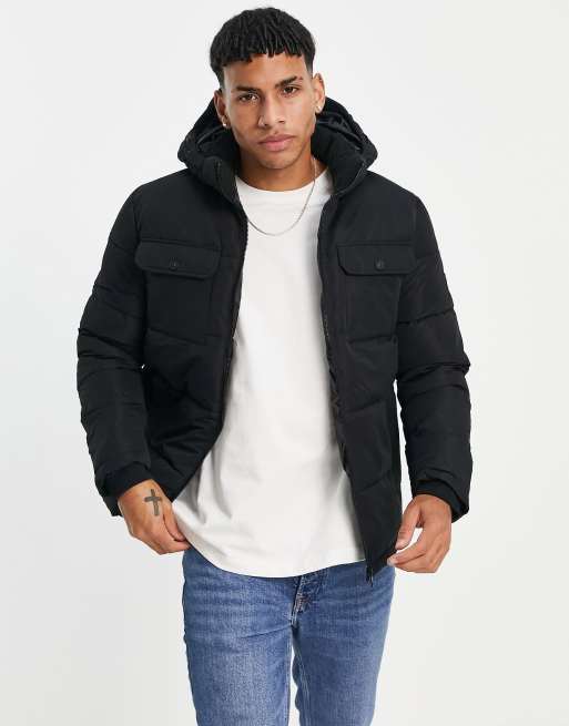 Jack Jones Core hooded puffer jacket with chest pockets in black