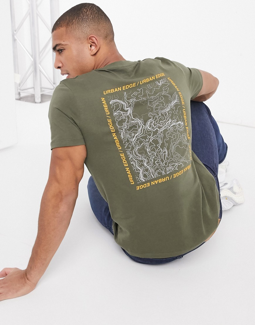Jack & Jones – Core – Kakifärgad t-shirt med avslappnad passform och tryck baktill-Grön