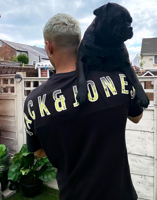 Jack & Jones Core large back neon logo t-shirt in black