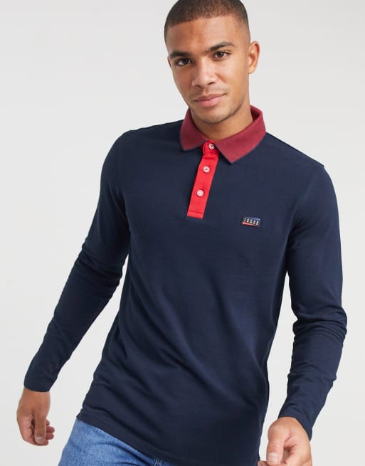 Jack Jones Core long sleeve polo with panels in navy ASOS