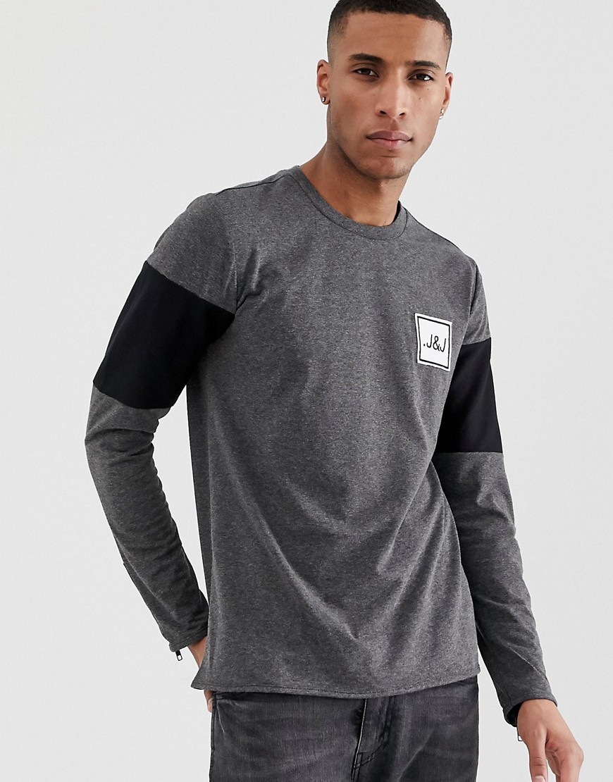 Jack & Jones Core Long Sleeve Top with Cut and Sew Details-Grey