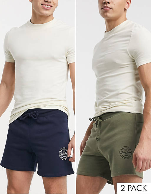 Jack & Jones – Core – Marinblå och gröna sweatshirt-shorts med stämplad logga, 2-pack
