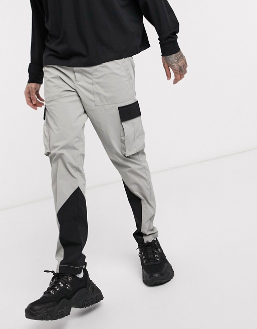 Jack & Jones Core nylon colour block cargo trousers in grey