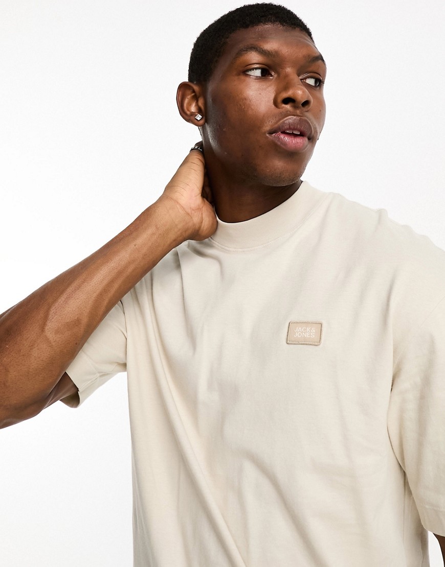 Jack & Jones Core oversized mock neck t-shirt with badge print in beige-Neutral