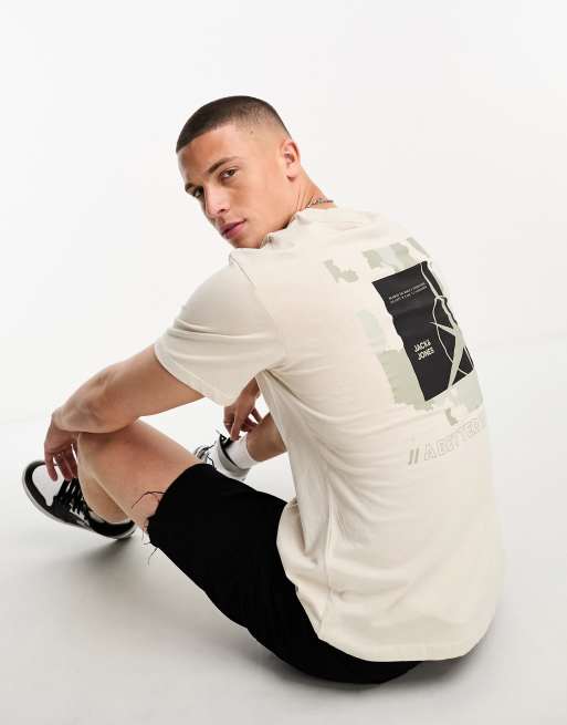 Jack & Jones Core oversized t-shirt with camo navigaton back print in beige