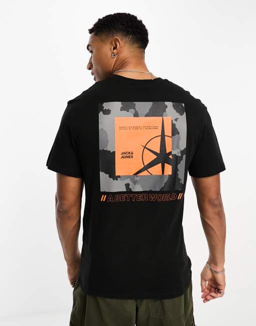 Jack & Jones Core oversized t-shirt with camo navigaton back print in black |