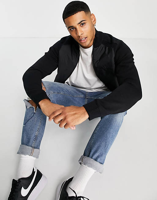Jack & Jones Core padded jacket with knitted sleeves in black | ASOS