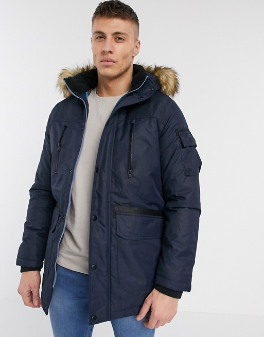 Jack & Jones Core parka with removable faux fur hood in navy | ASOS