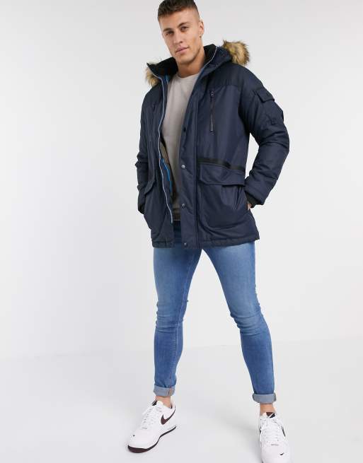 Jack Jones Core parka with removable faux fur hood in navy ASOS