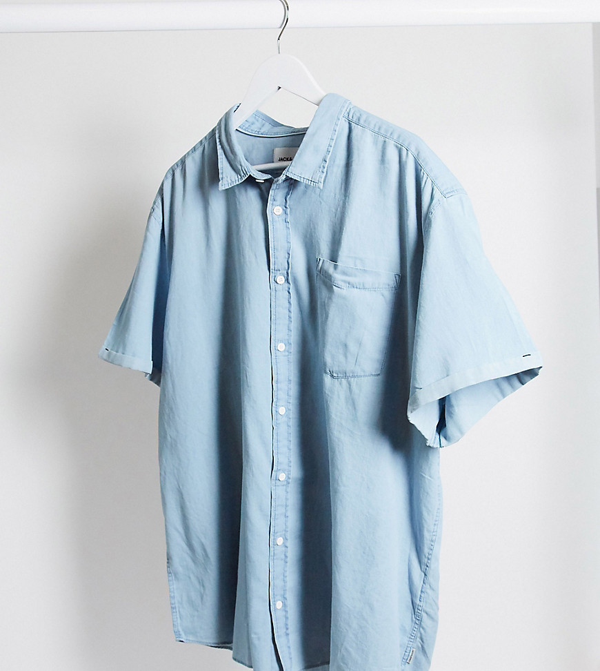 Jack & Jones – Core – Plus – Kortärmad jeansskjorta med platt krage-Blå