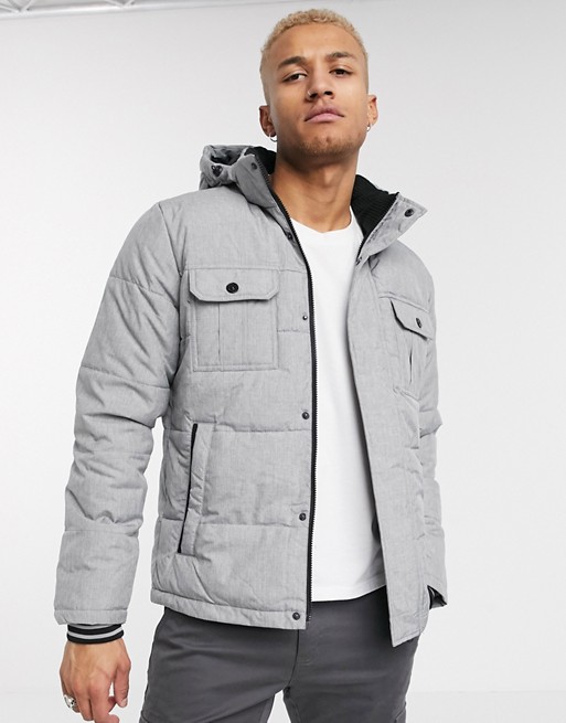 Jack & Jones Core puffer jacket with hood in light grey