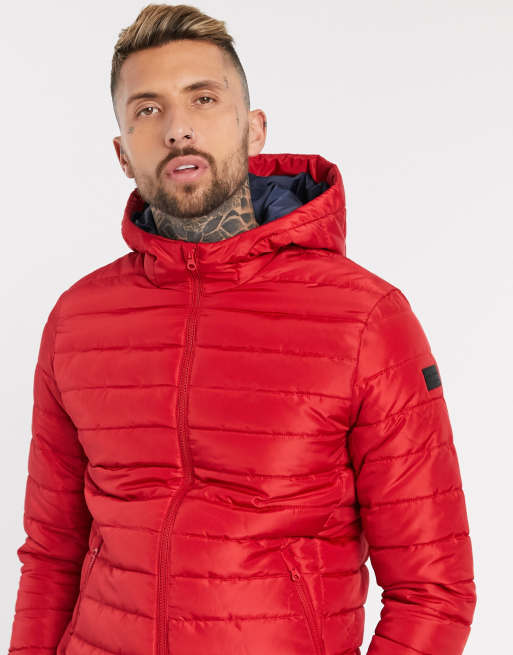 terugtrekken grijnzend zeewier Jack & Jones Core puffer jacket with hood in red | ASOS