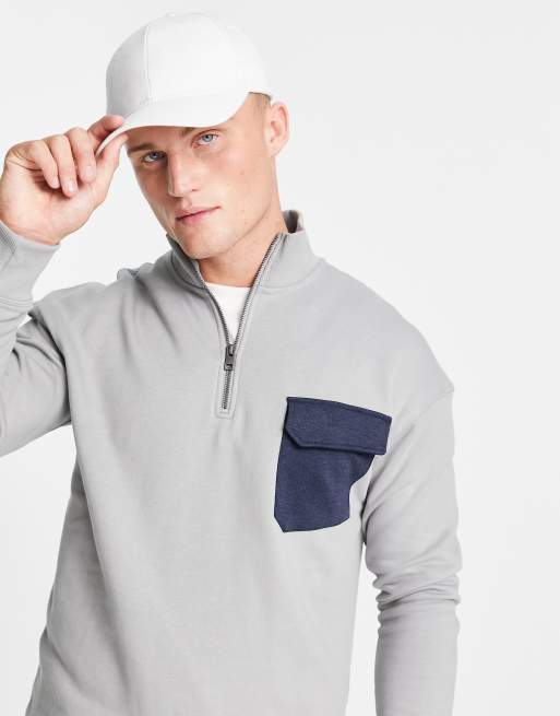 Jack Jones Core quarter zip sweatshirt with contrast pocket in grey ASOS