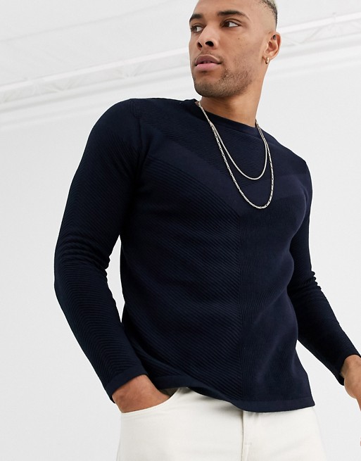 Jack & Jones Core ribbed chevron detail knitted jumper in navy