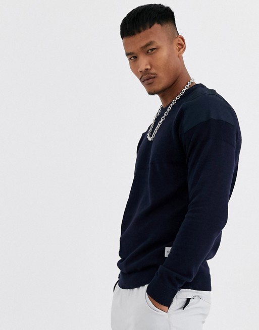 Jack & Jones Core ribbed utility patch shoulder detail knitted jumper in navy