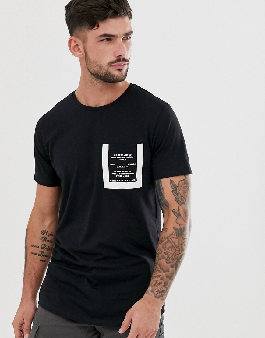 Jack & Jones – core – svart t-shirt med ficka, rund halsringning och rundad nederkant
