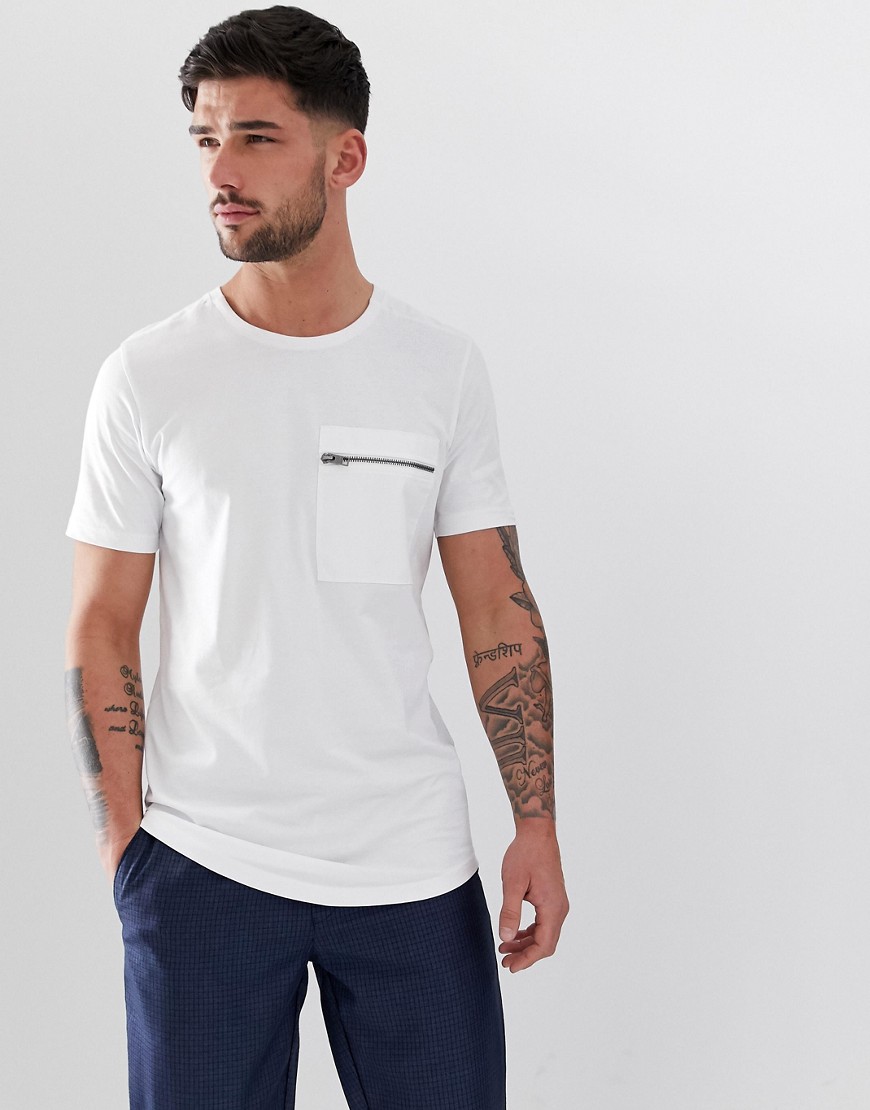 Jack & Jones Core - T-shirt lunga bianca con fondo arrotondato e zip-Bianco