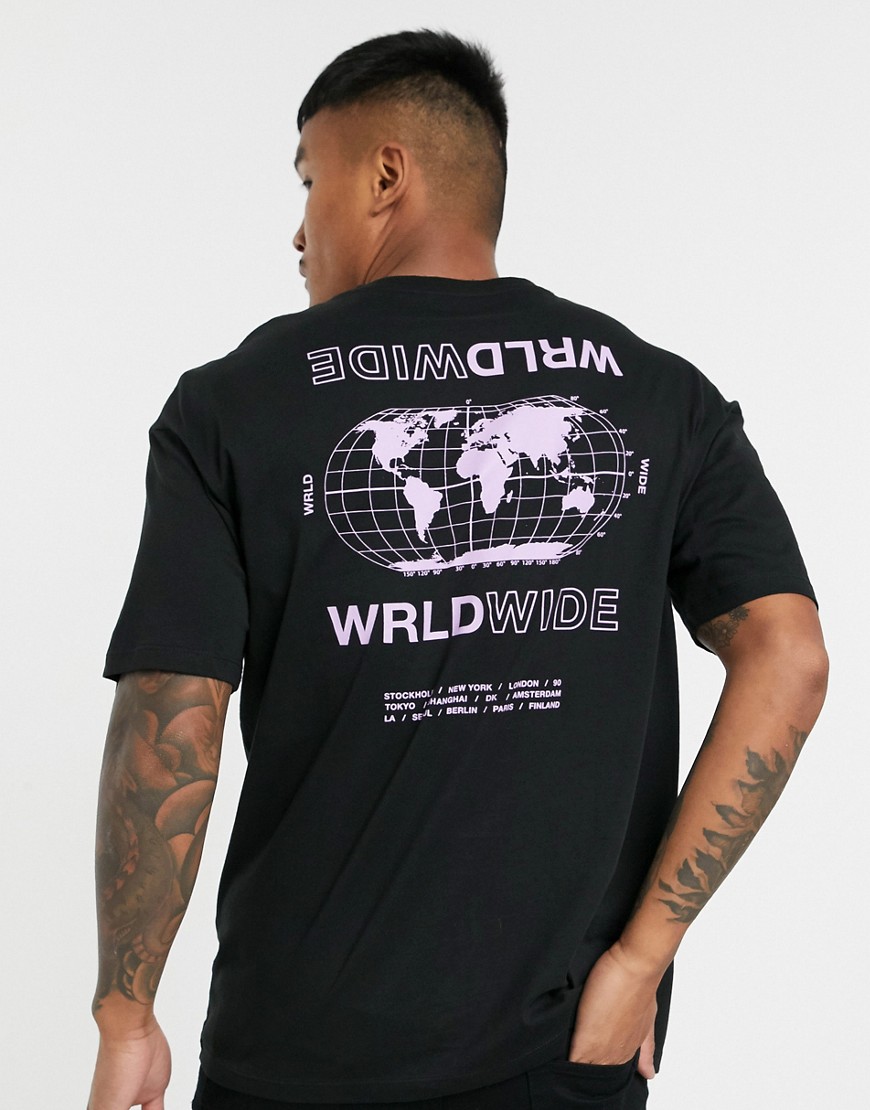 Jack & Jones - Core - T-shirt squadrata nera con scritta worldwide-Nero