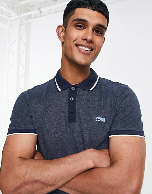 Men Jack & Jones Core tipped polo with rubber logo in navy 
