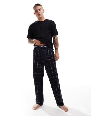 Jack & Jones cotton check lounge pyjama set with t-shirt in navy-Black