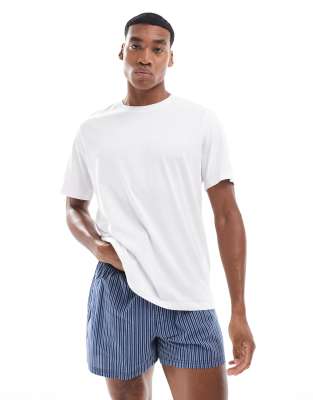 Jack & Jones cotton check lounge pyjama short set with t-shirt in white with blue stripe