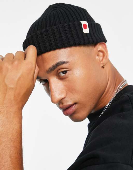Jack & Jones cotton fisherman ribbed beanie with label in black 