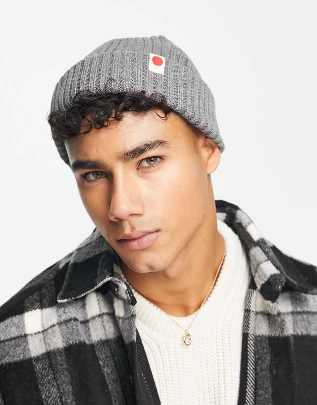 Jack & Jones cotton fisherman ribbed beanie with label in gray