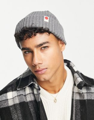 Jack & Jones cotton fisherman ribbed beanie with label in grey