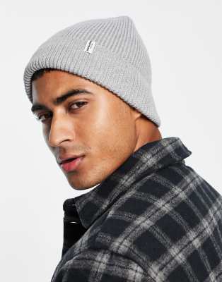 Jack & Jones cotton ribbed beanie with label in gray