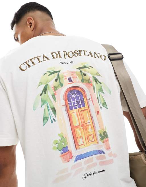 Jack & Jones - Cremehvid oversized T-shirt med 'Positano'-print på ryggen , 4 af 4