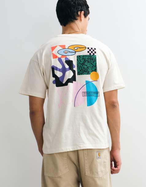 Jack & Jones - Cremehvid T-shirt med flerfarvet geometrisk print på ryggen - view 1