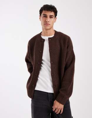Jack & Jones Crew Neck Cardigan In Brown