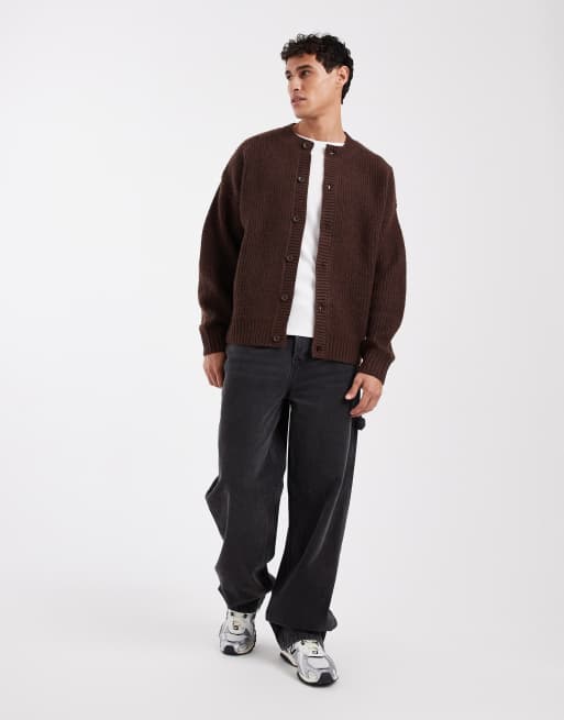 Jack & Jones crew neck cardigan in dark brown, 2 of 5