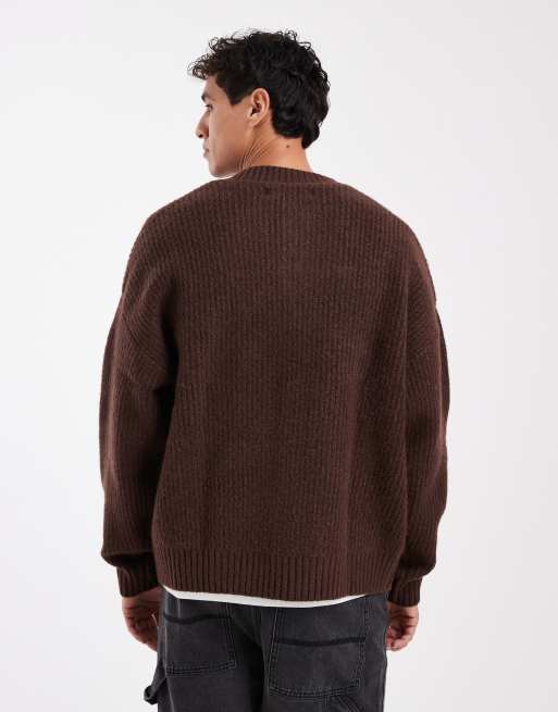 Jack & Jones crew neck cardigan in dark brown, 3 of 5