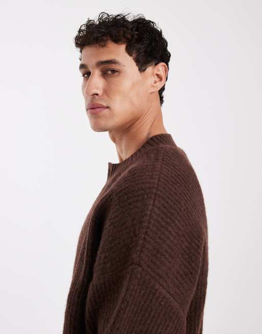 Jack & Jones crew neck cardigan in dark brown, 4 of 5