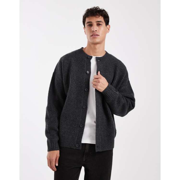 トップス ASCLo Jack Crew Knit Cardigan charcoal Jack & Jones crew neck cardigan in dark grey | ASOS