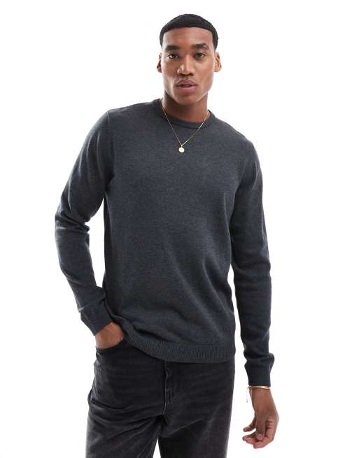 Jack Jones crew neck jumper in dark grey marl ASOS