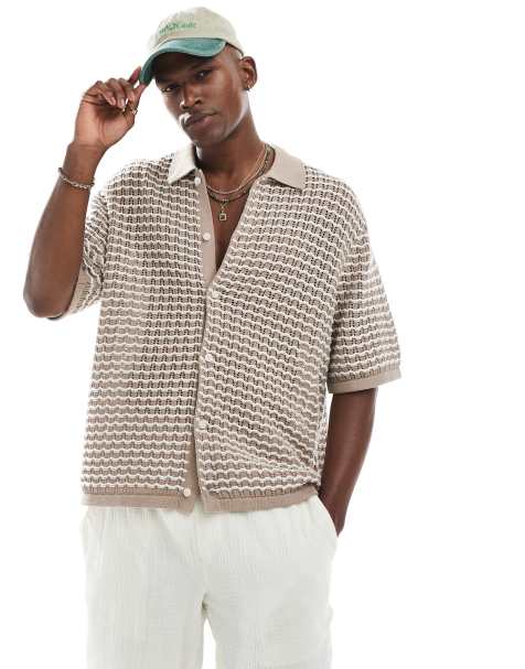 Jack & Jones crochet button through polo in beige - view 1