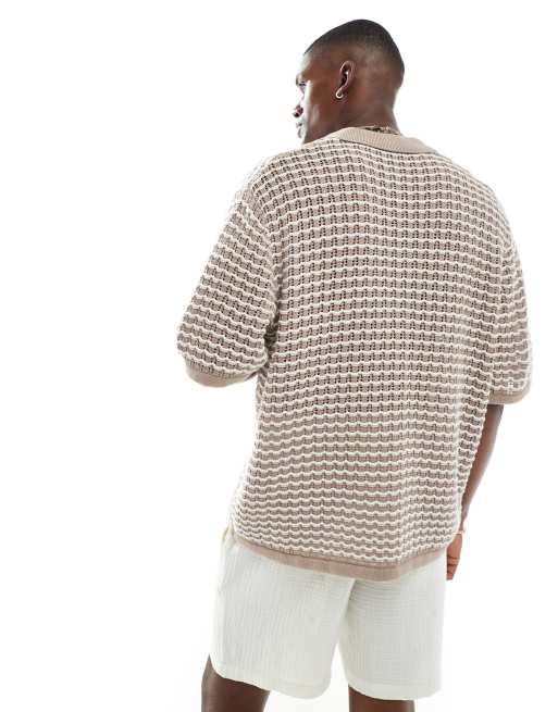 Jack & Jones crochet button through polo in beige